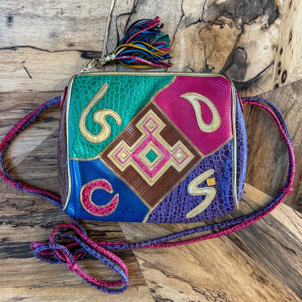 VTG 80s NAS Bag Alention Ld Patchwork Crossbody Exotic Reptile Tassel Maximalist - Picture 14 of 16